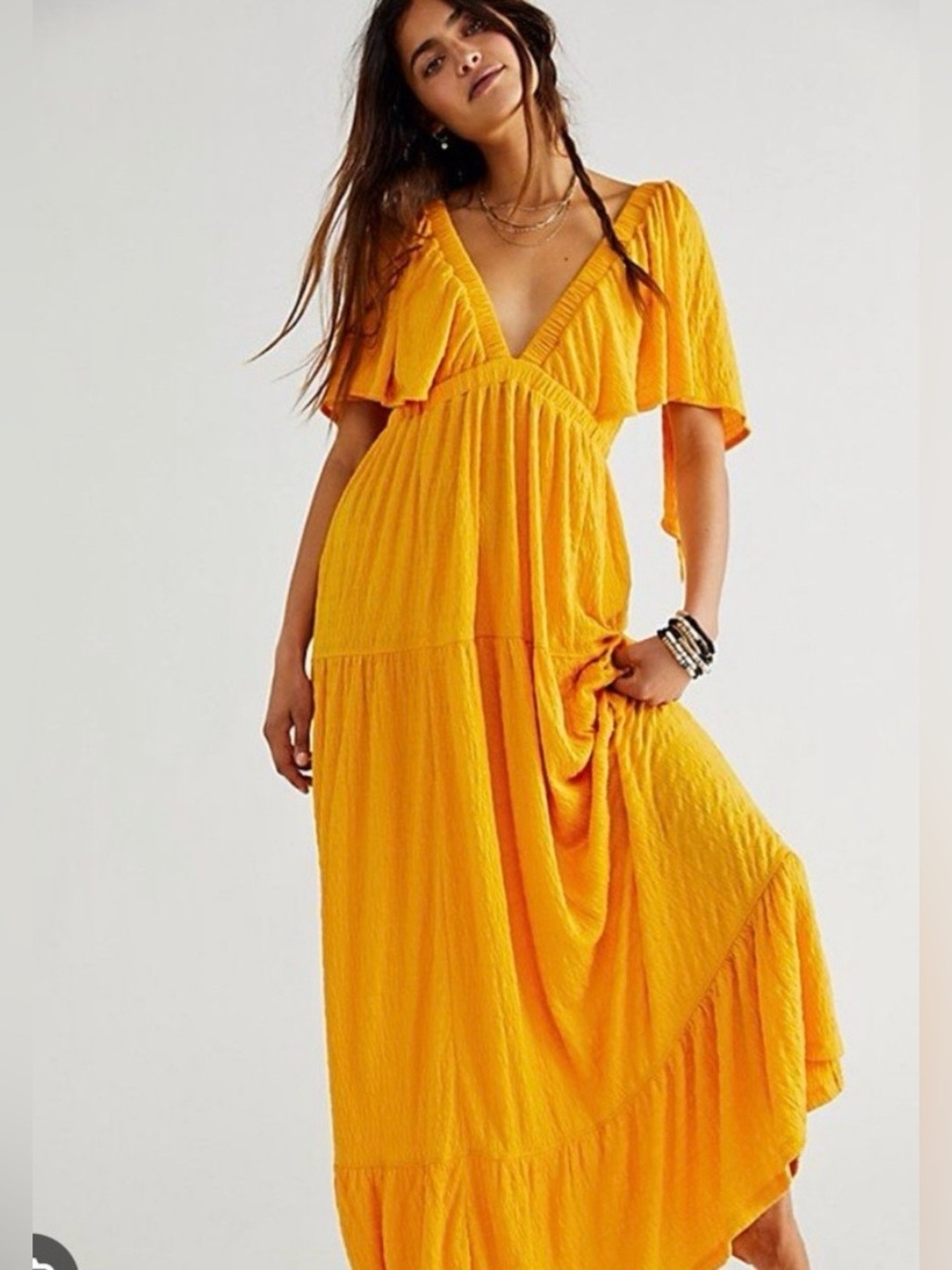 Free People La La Golden Yellow V-Neck Flutter Maxi Dress Size Small